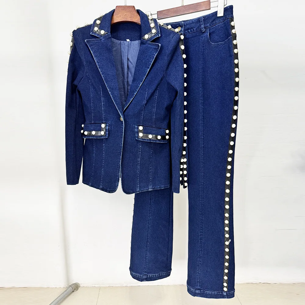 HIGH QUALITY Newest 2026 Runway Designer Suit Set Women's Beaded Denim Jacket Jeans Set 2PCS