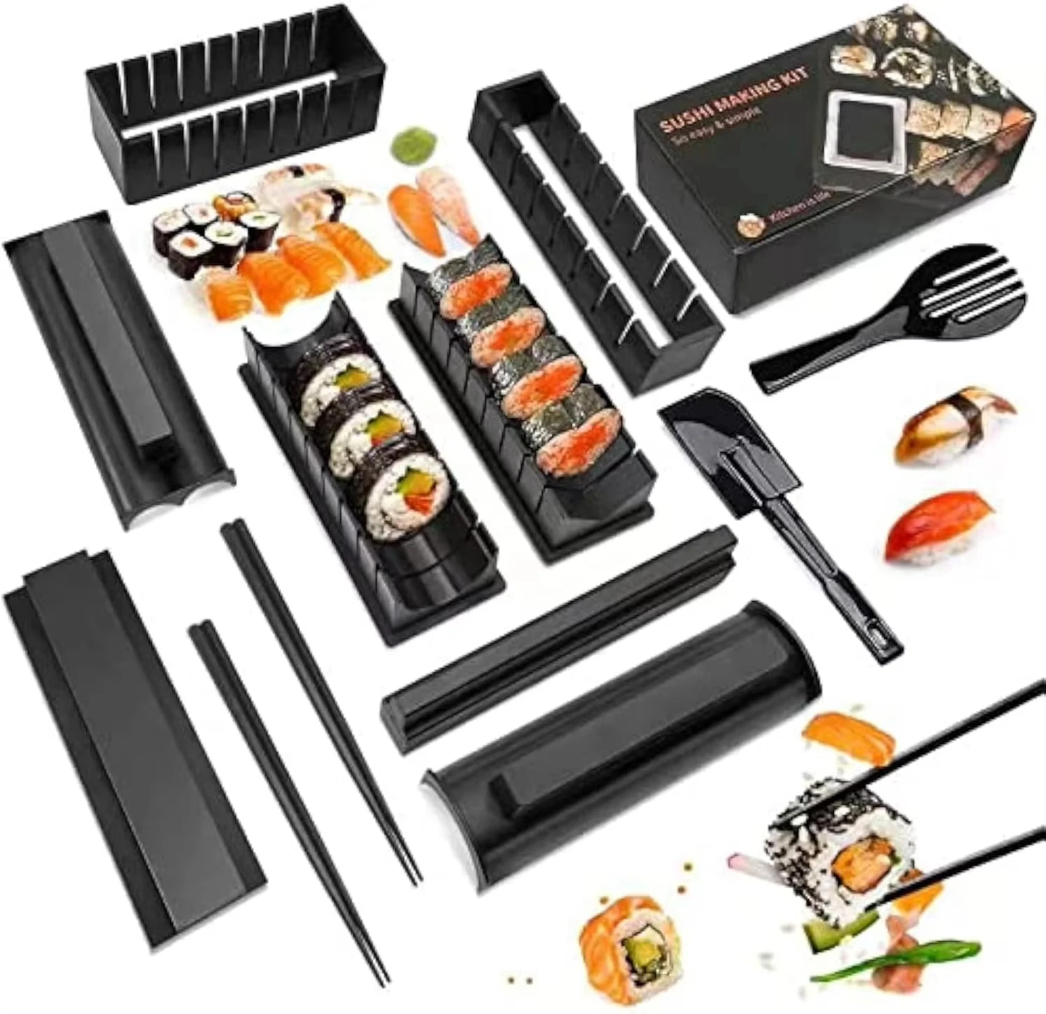 Kit Multifuncional para Hacer Sushi, Moldes Completos para Sushi, Kit para Preparar Rollos de Arroz, Set de Cocina para Hacer Sushi en Casa, Apto para Principiantes