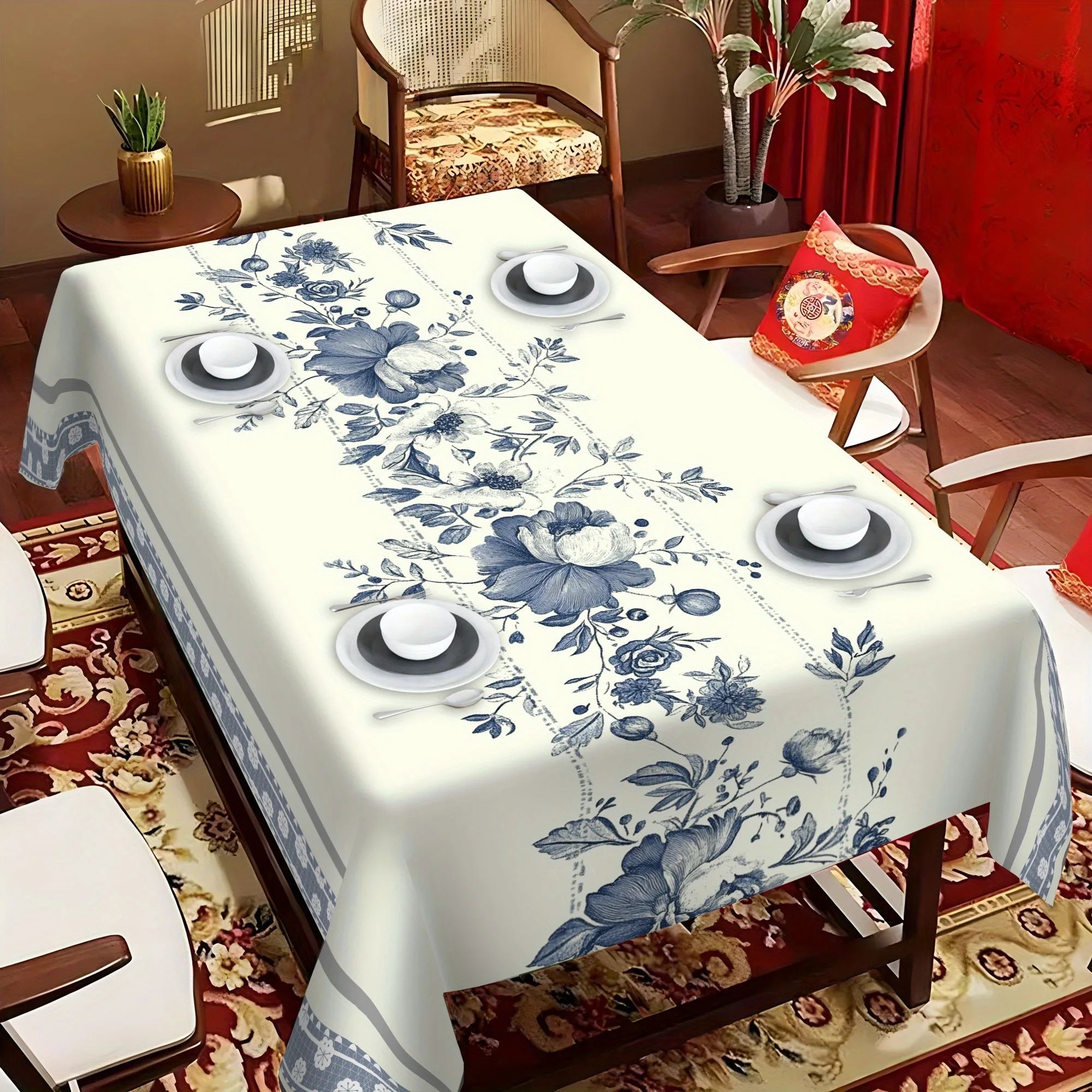 Blue and white porcelain pattern polyester tablecloth - Washable rectangular table cover