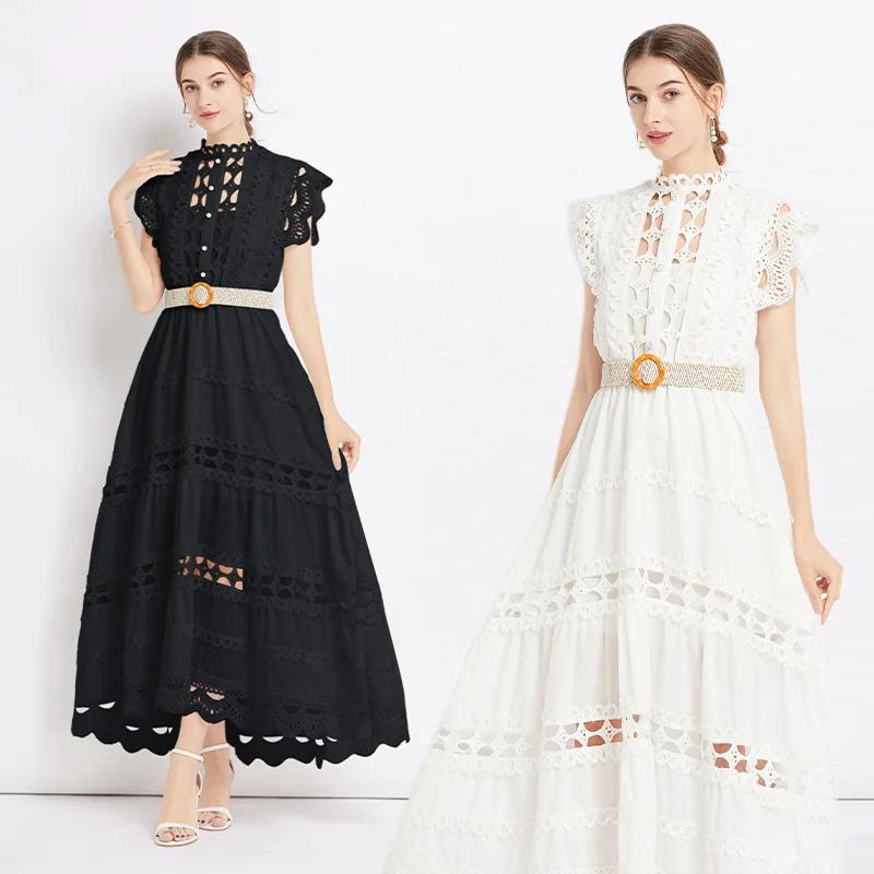 Runway Crochet Hollow Out Midi Lace Dress per le donne 2024 Summer senza maniche ricamo Party Dress elegante Holiday Robe