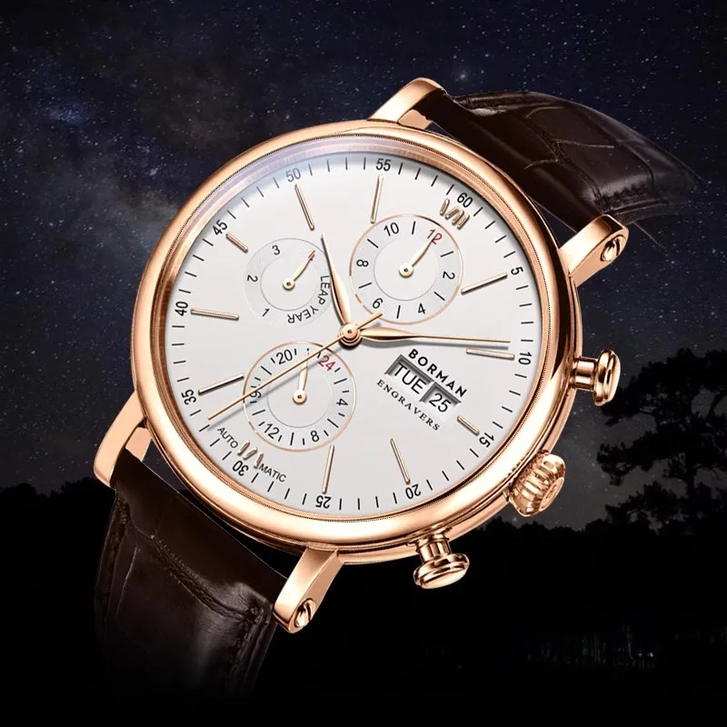 BORMAN, relojes mecánicos automáticos de lujo para hombres, calendario de movimiento de gaviota, reloj multifunción con cristal de zafiro, reloj resistente al agua