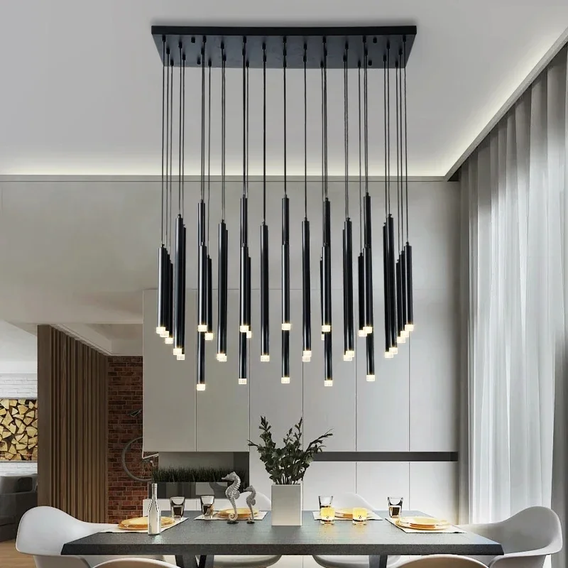 Dining Room LED Chandelier Black Cylindrical Chandelier Living Room Kitchen Island Hanging Light Modern Gold Lighting Fixtures