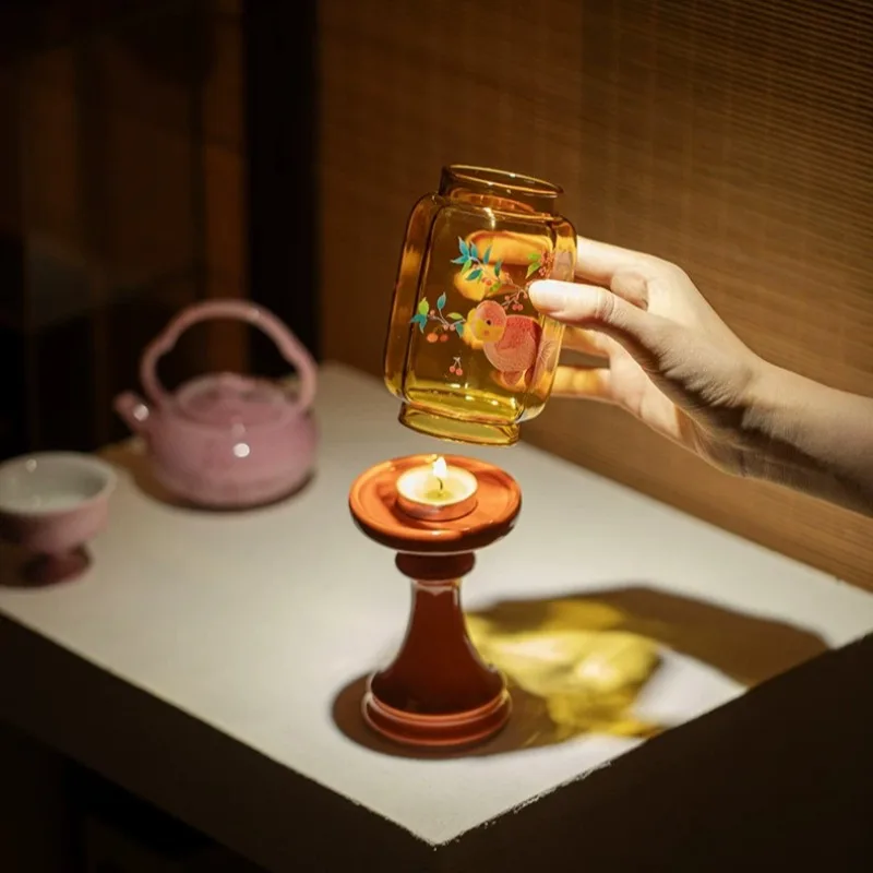 Chinese Palace Style Candlestick Base Retro Glass Candle Holder Ambient Light Ornament for Tea Room Home Dynasty Classical Decor