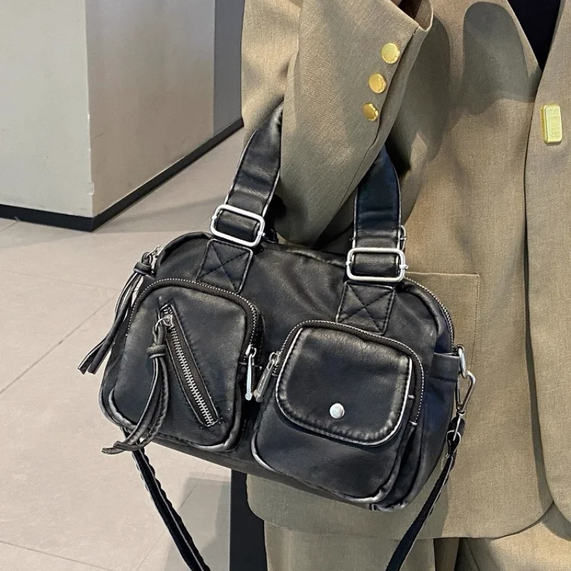 

Мягкая кожаная мотоциклетная сумка, сумка подмышки, сумка на молнии с несколькими карманами, стильная сумка через плечо с широким плечевым ремнем Y2k