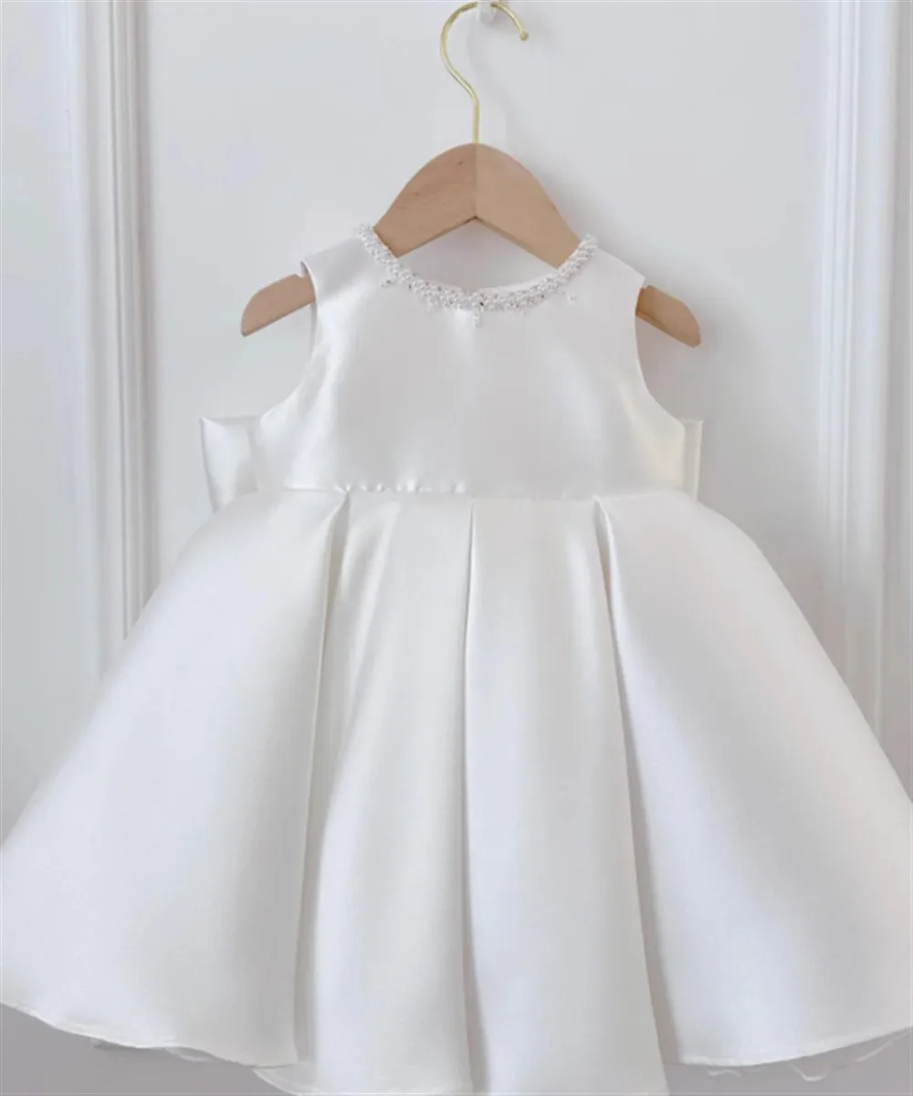 Elegancka sukienka dla dziewczynki na wesele, perłowa satynowa sukienka bez rękawów z kokardą, vintage peleryna, sukienka księżniczki na przyjęcie urodzinowe, chrzest.
