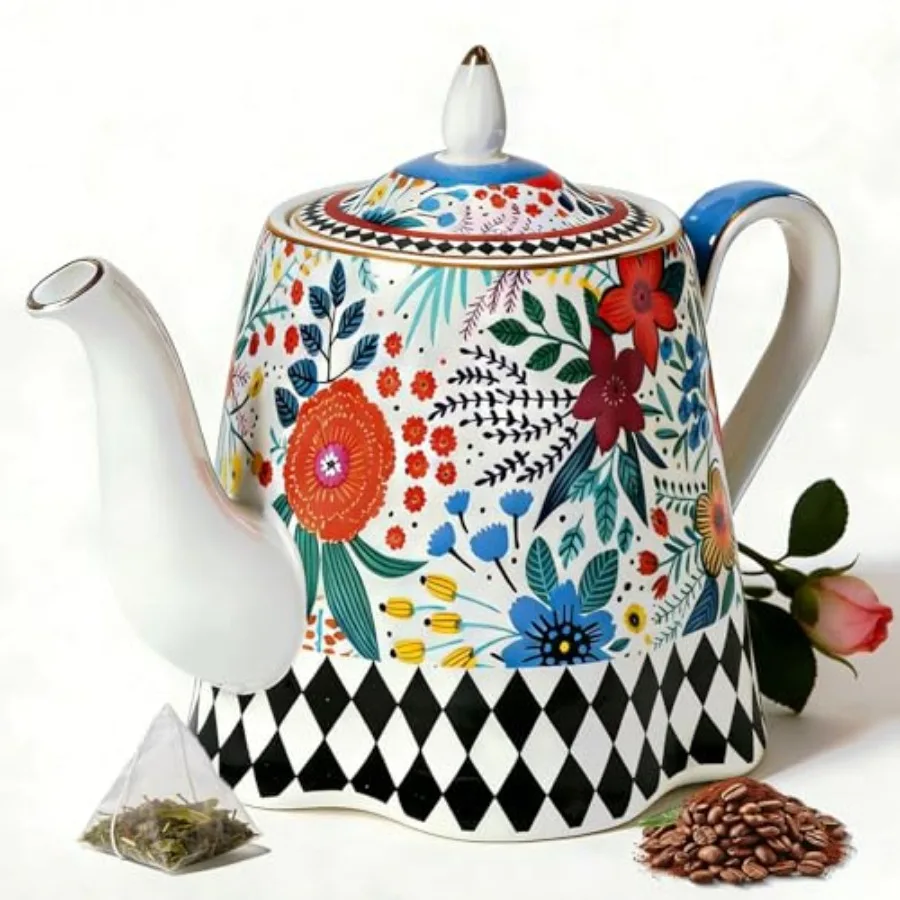 

Bone China Porcelain Teapot Tea Pots for Tea Party Ceramic Teapot 30oz Vintage Teapot Handmade Gold Drawing Coffee and Tea Vint