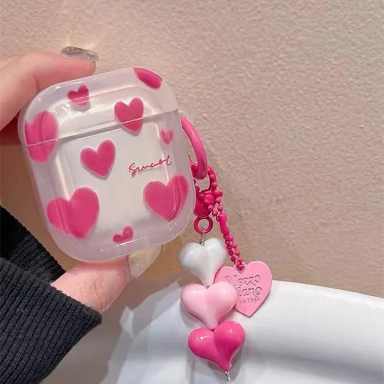 Pink Heart+Pendant For Apple AirPods 1 2 pro Bluetooth Headphone Cover 3rd Generation Silicone Soft Cover Protective Case