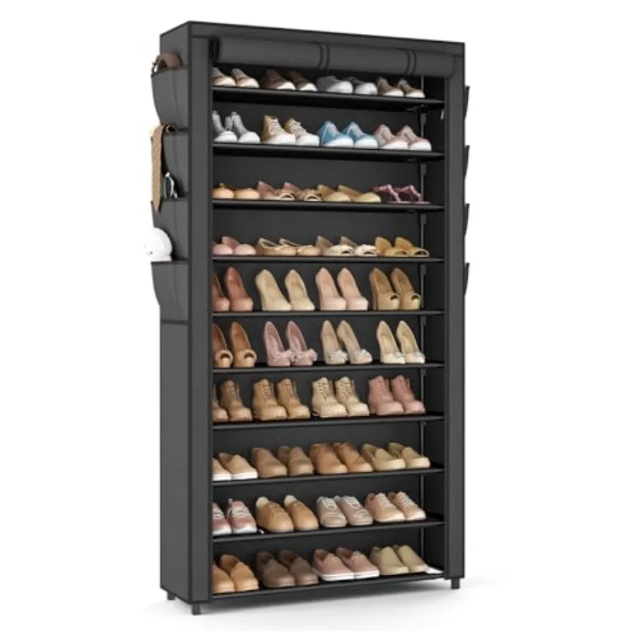 

Tall Shoe Rack with Cover 10 Tier Shoe Organizer Storage for 50-55 Pairs Shoes and Boots Large Capacity Shoe Shelf with 8 Pocke