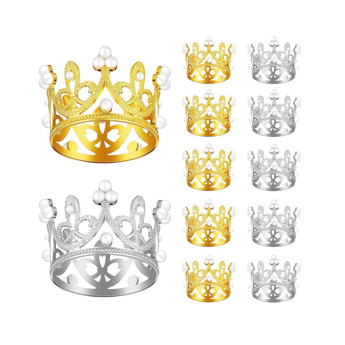 12 PCS Gold Silver Mini Crown Birthday Cake Topper with Pearl Decor Small Princess Headpiece Baby Crown Cake Decoration