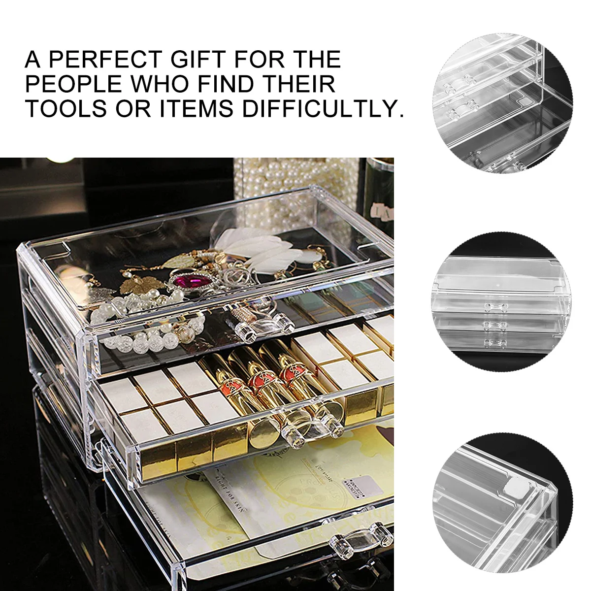 

Acrylic Cosmetics Storage Case Three-Layer Drawer Type Makeup Organizer Desktop Organizer Storage Box Easy Slide