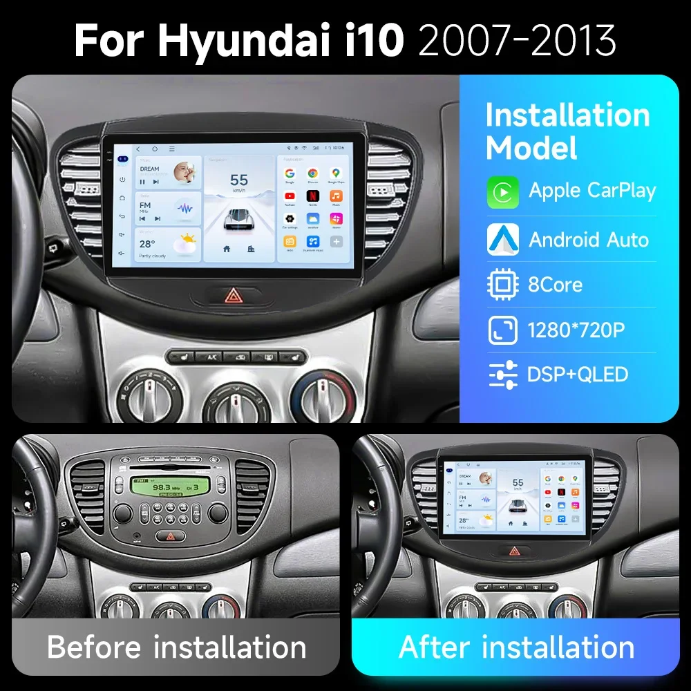 2 Din Car Radio For Hyundai i10 2007 2008 2009 2010-2013 Stereo Multimedia Player Android 12 4G GPS Navigation 2din Carplay