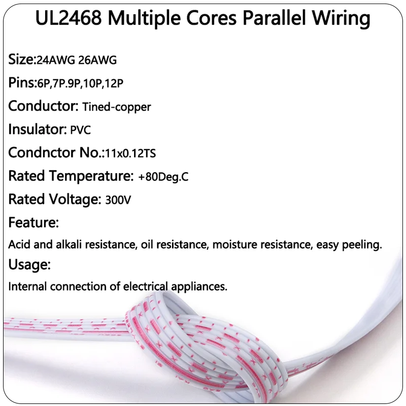 

UL2468 Flat Ribbon Cable 24 26AWG Core 6 7 8 9 10 12 Pins 300V Flexible Extended Power Connect Cable PVC Flat Wire 2/5/10M