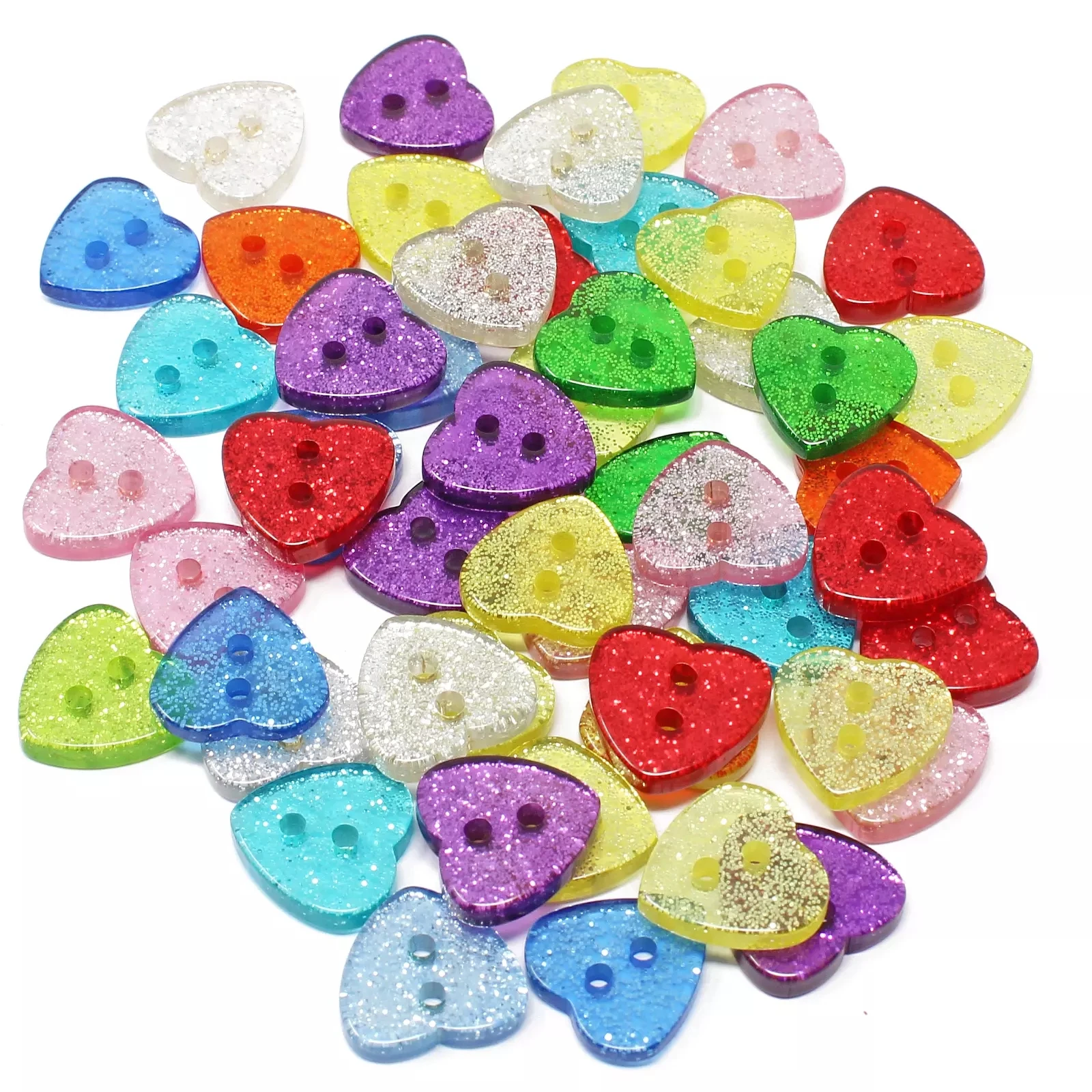 200 Stück 12x13mm Harz-Glitzer-Herzen mit 2 Löchern, Knöpfe für DIY-Kleidung, Nähzubehör, Glitzer-Handarbeiten, Verzierung für Scrapbooking – Detail 1