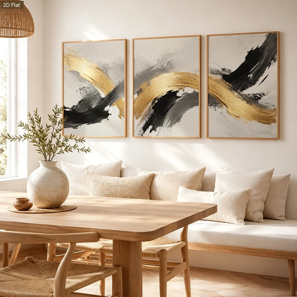 3Pcs Black Gold Brush Stroke Abstract Canvas Poster Wall Art,2D Print Wall Decor,Art Home Decoration For Living Room Bedroom
