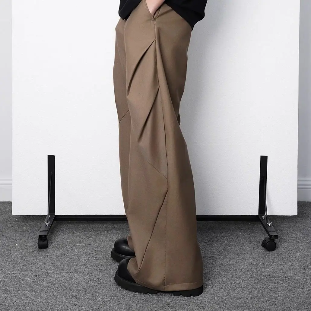 Korean style pleated split rhombus three-dimensional cut drapey straight wide-leg trousers men spring loose fashionable trousers