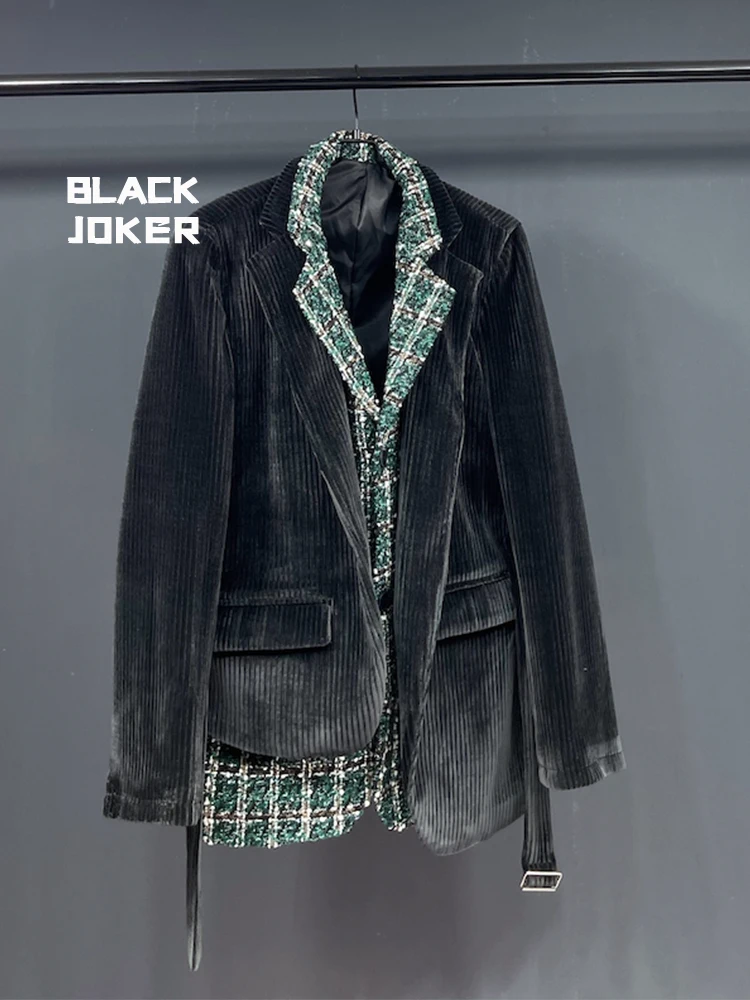 BLACK JOKER Original design Two fake pieces Green Houndstooth blazers Thickened jacket Unisex chic casual jackets blazers tops