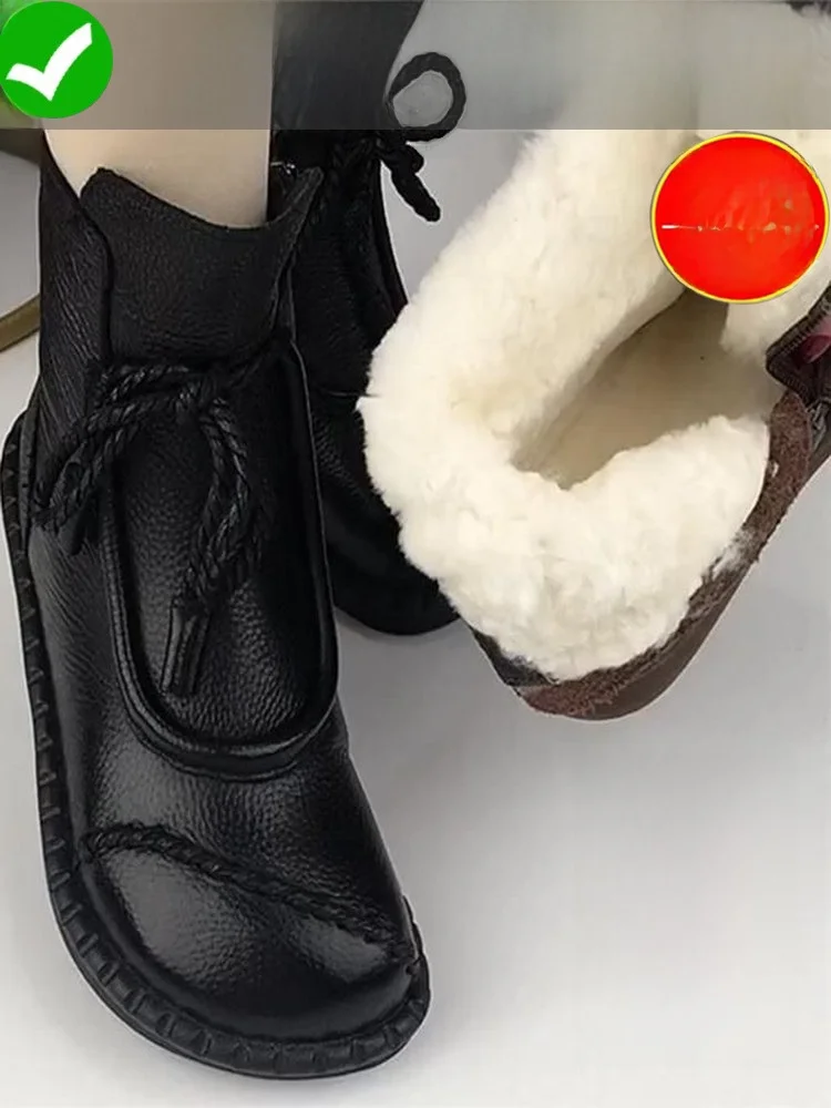 

Winter Warm Fce Lined ort Boots Women's Leather Flat Bot Non-Slip Snow Boots Comfortable Cotton Boots for Mothers Mid...