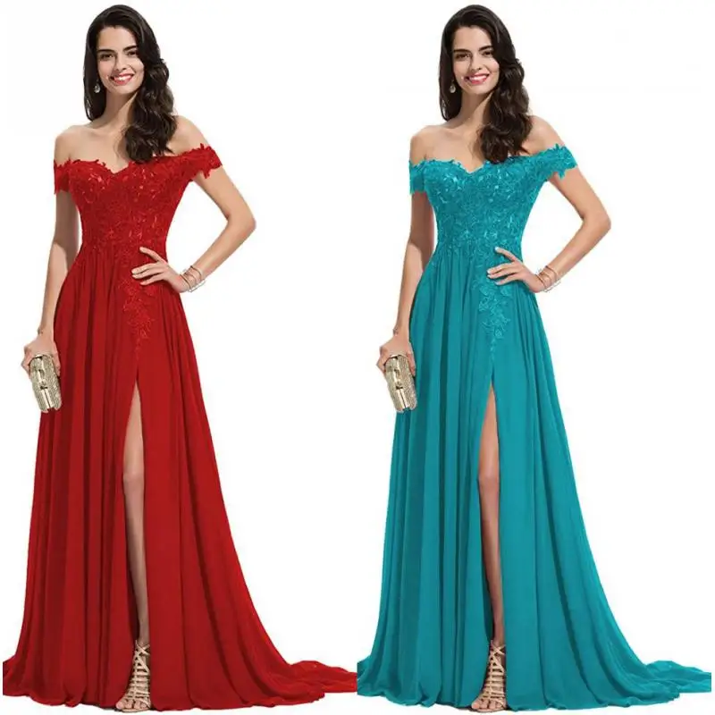 Lace Decal One Shoulder Slit Evening Dress Dance Party Birthday Bridesmaid Party Host Welcome Dress Tail Dress Customized