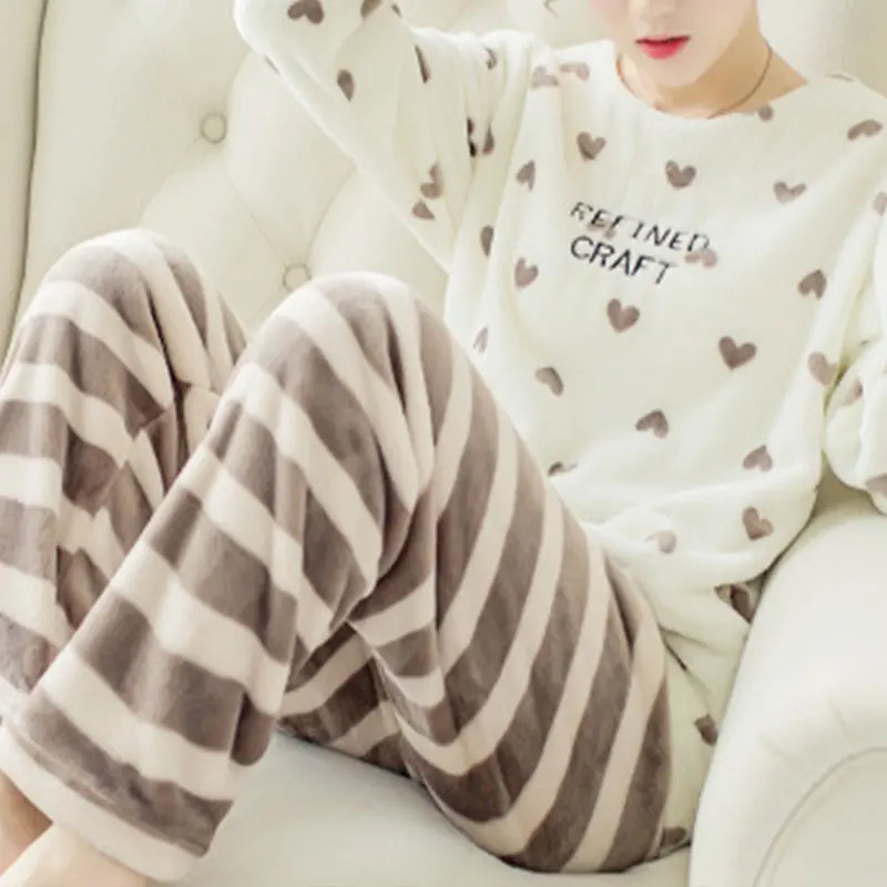 Women Autumn Winter Two Pieces Sets Warm Flannel Homewear Trousers Long-sleeved Pajamas Coral Velvet O-neck Loose Cartoon Cute