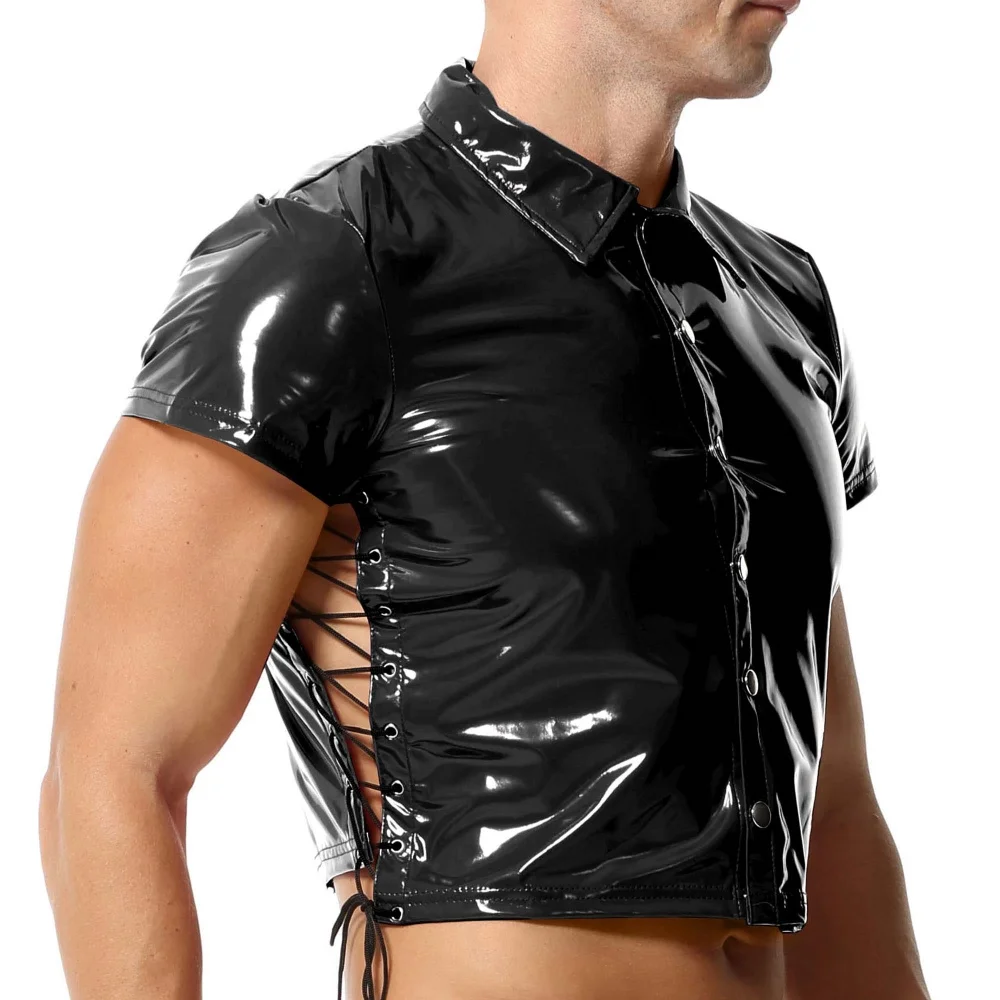 Side Hollow Out Lace-up Men's Shirts Snap Button Glossy PU Leather Short Sleeve Slim-fit Mini Shirt Tops for Man Dance Clubwear