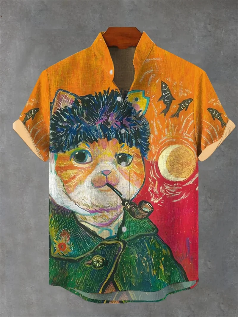 

Новая мужская рубашка с короткими рукавами, топ больших размеров с китайским принтом Fujiyama, повседневная и удобная льняная мужская рубашка