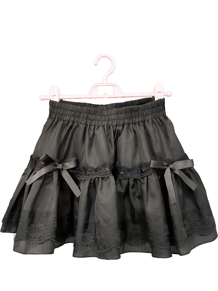 Black Vintage Skirts Women Summer Lace Trim Bows Elastic Waist A-line Mini Skirt