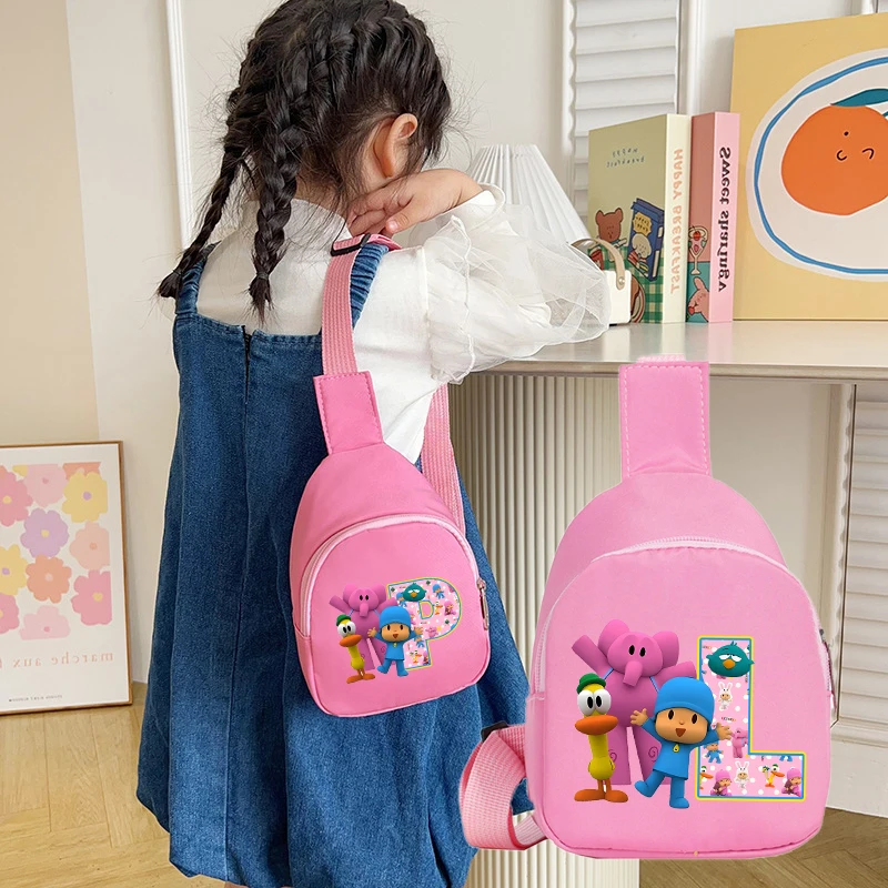 Bolso de pecho Pocoyoed, bonito bolso de hombro rosa con figura de anime, bolso cruzado de moda con dibujos animados para niña y niño, mochila de viaje, bolsa de almacenamiento, ¡Oferta!