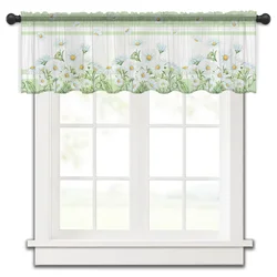 Summer Flowers Daisies Watercolor Green Short Tulle Window Curtains Sheer Voile Curtain Kitchen Cabinet Home Decor Small Drapes