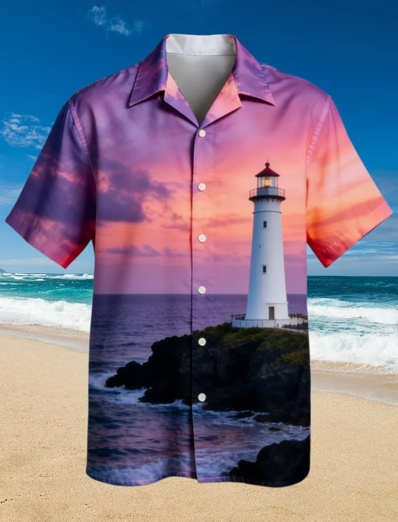 Men's Premium Ocean Scenery Print Button Up Shirt Versatile Summer Look for Hawaii Vacation Pool Party Outdoor Adventure