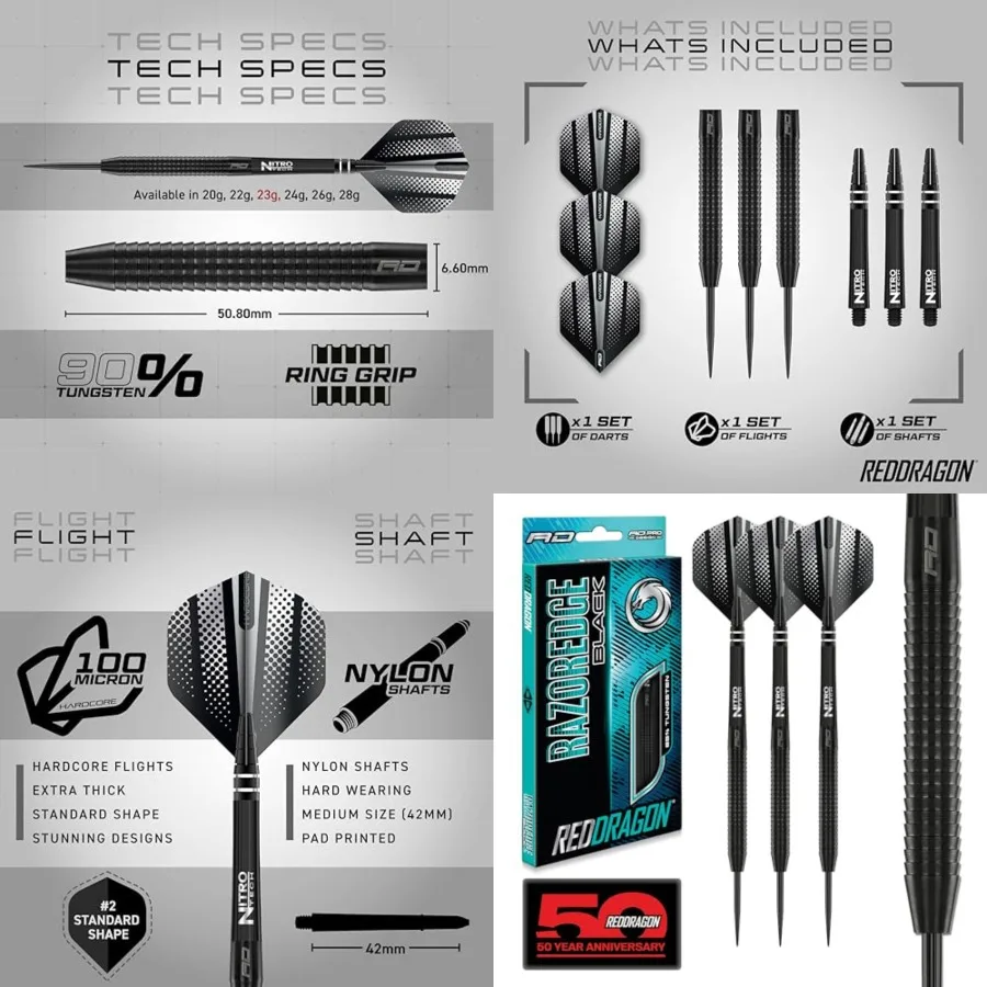 

Razor Edge Black 20g, 22g, 23g, 24g, 26g, 28g Steeltip or 18g Softip Tungsten Darts with Flights and Stems