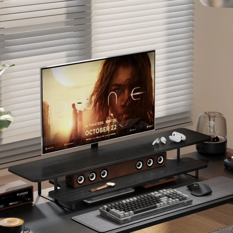 Walnut Finish Monitor Stand Riser Solid Wood Desktop Organizer for Computer Setup Ergonomic Office Desk Base Home Laptop Holder