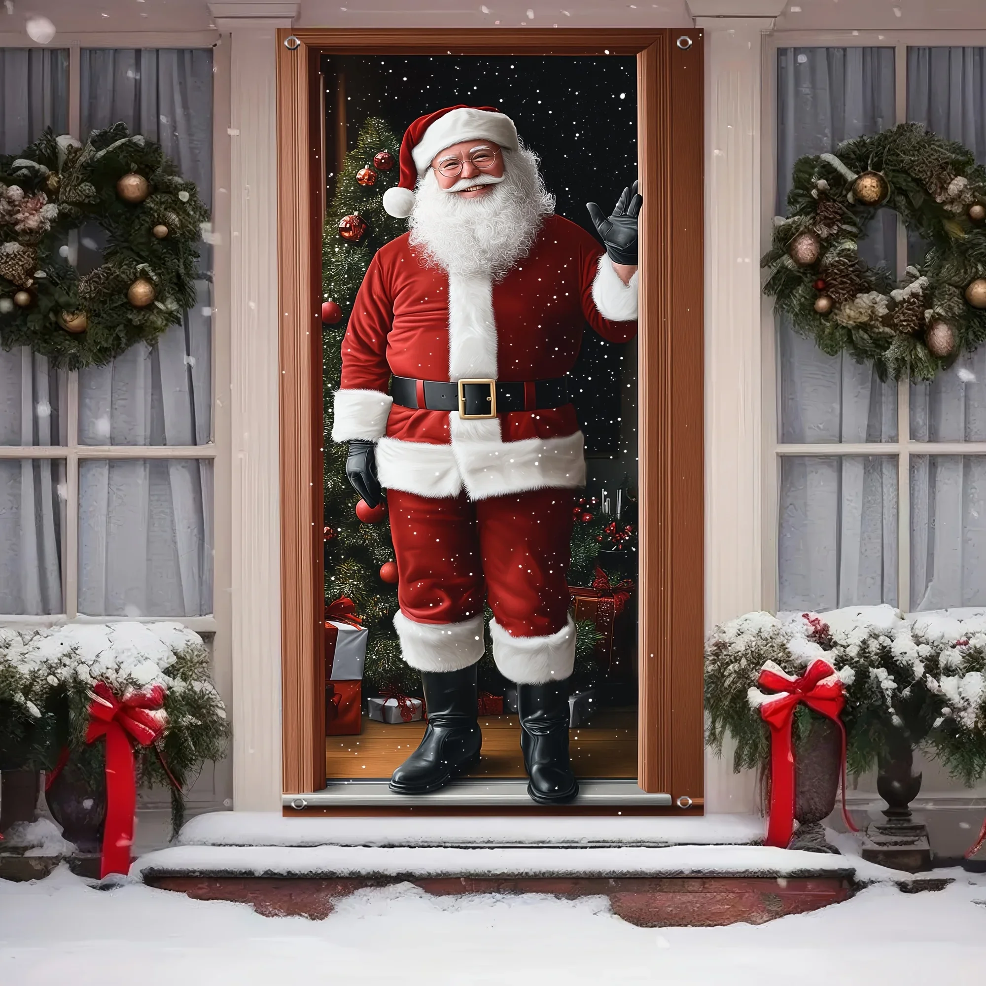 2D banner, Santa Claus Christmas door cover. Polyester fiber. Perfect holiday decoration. Multi-functional. Winter party.ZL