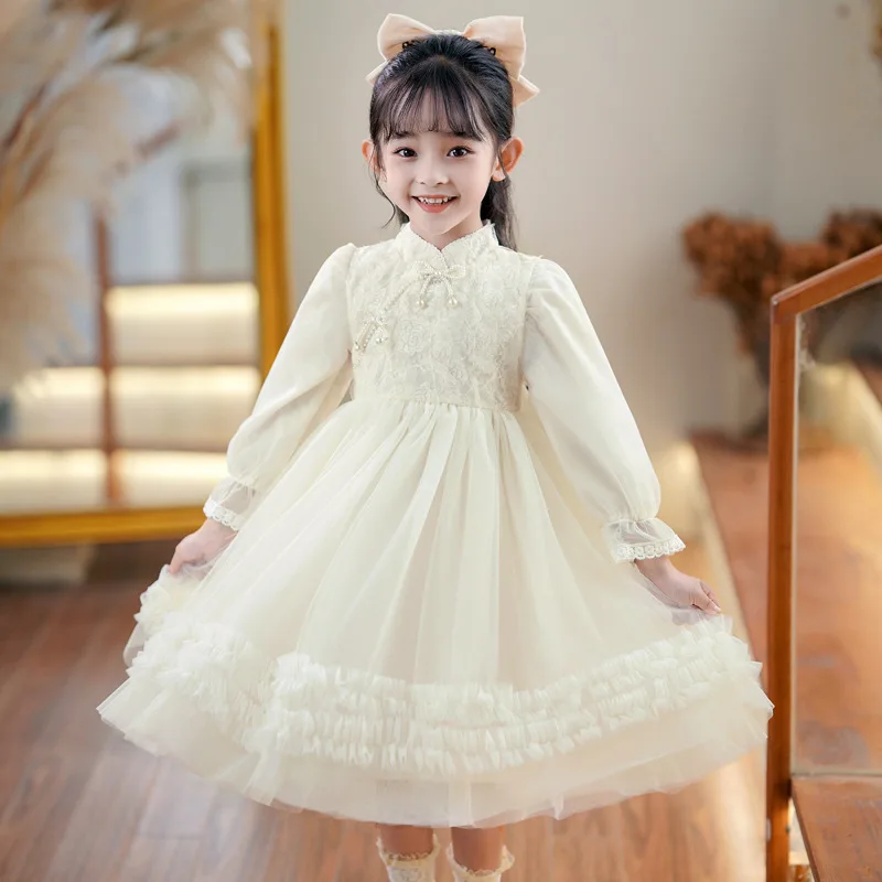 Children\'s Dress Cute Clothing For Flower Girls White Pink Long Sleeve Embroidered Spring Autumn Casual Wear Ball Gown Dresses