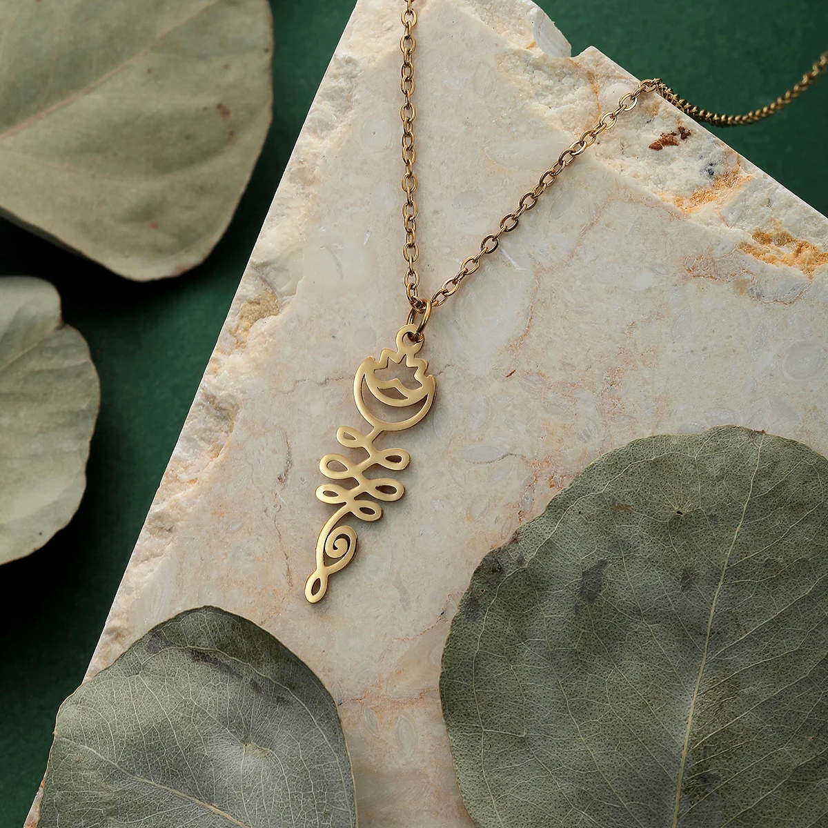 Kinitial Crecent Moon and Lotus Necklace Lotus Floral Pendant Unalome Celestial Necklace Buddhist Symbolic Yoga Jewelry