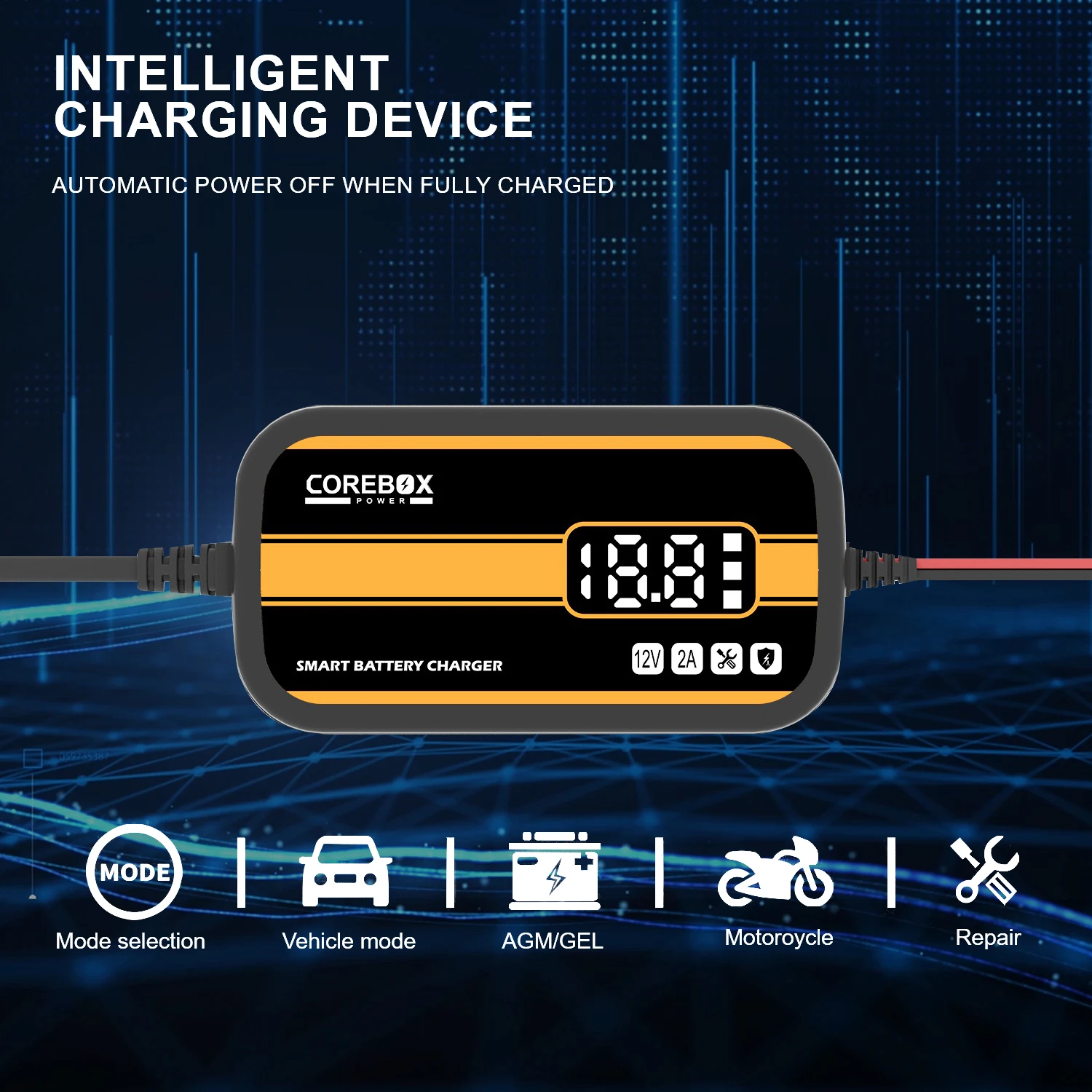 Intelligent Car Motorcycle Battery Charger 12V 2A for Car/RV/ATV/Boat with LCD Display Automatic Lead Acid AGM Gel Charger