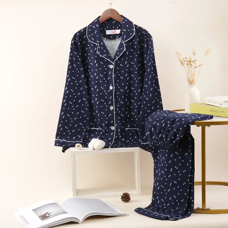 

Women's Spring Autumn 100% Cotton Brushed Flannel Long-sleeved Pajama Sets Cardigan Clothes Trouser Women Two Piece Sets