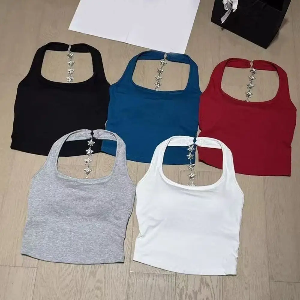 

Fashion Star Strap Back Hollow Crop Tops Short With Chest Pads Sleeveless Camisole Streetwear Backless Slim Y2k Crop Top Travel