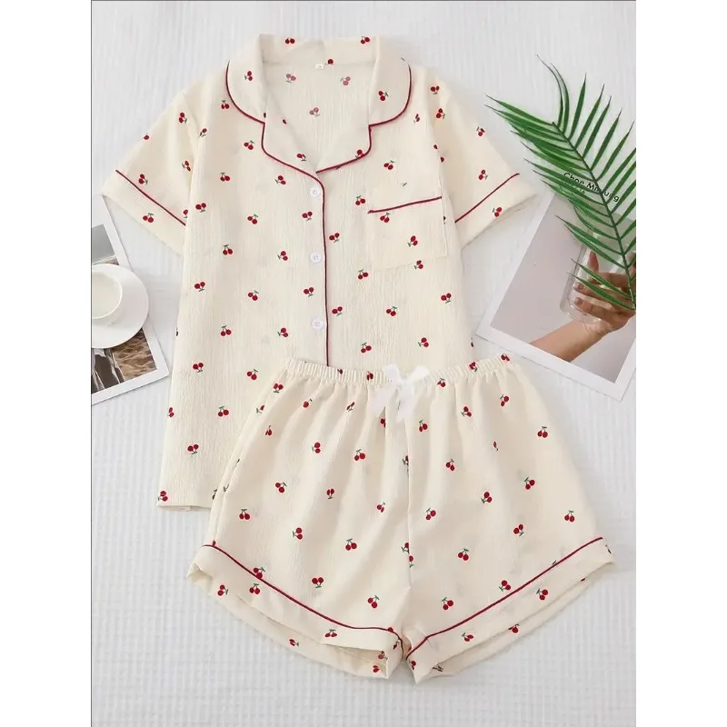 

Four Seasons Women Nightwear Cherry Print Cardigan Loungewear Short Sleeve Shorts Girl Sweet Korean Fashion Pajamas Homewear