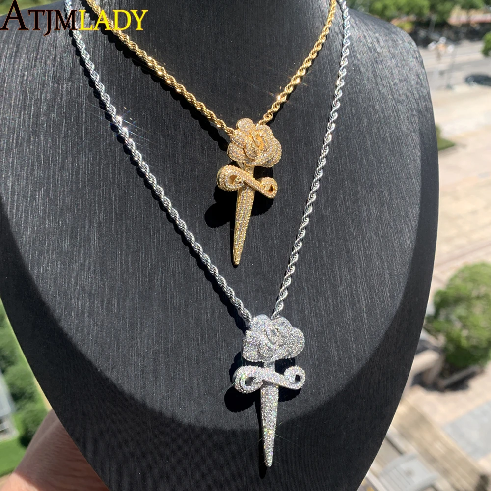 

Hip Hop Men Fashion Jewelry Micro Pave Iced Out Bling 5A Cubic Zirconia Rose Flower Sword Cross Pendant Necklace