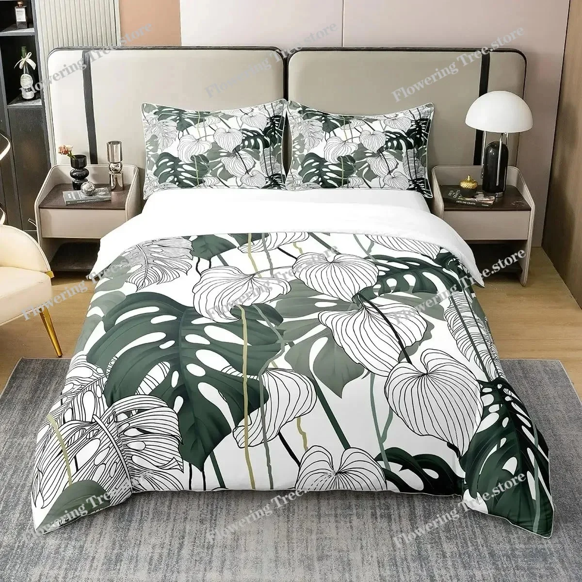 Palm Leaves Comforter Cover Duvet Cover Tropical Leaves Bedding Set Quilt Cover for Men Women, White Queen King Size