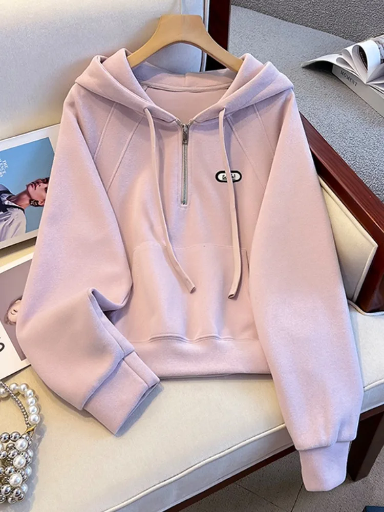 

Женская толстовка с капюшоном из чистого хлопка на молнии, ленивый крой, свободный крой, осеннее новое поступление, корейская версия, длинный свеч, удобный для поездок на работу