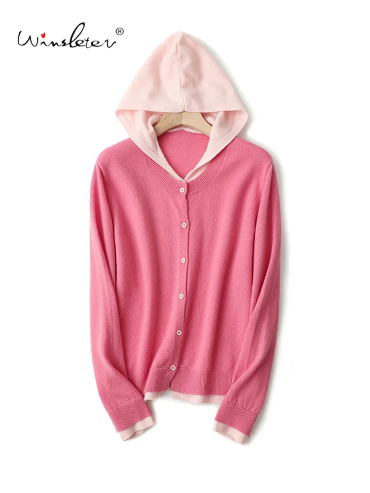 

Winsleter-100% овечья шерсть, элегантный свитер с капюшоном, длинный рукав, женский модный универсальный искусственный два кардигана, осень 202, T5O434CC