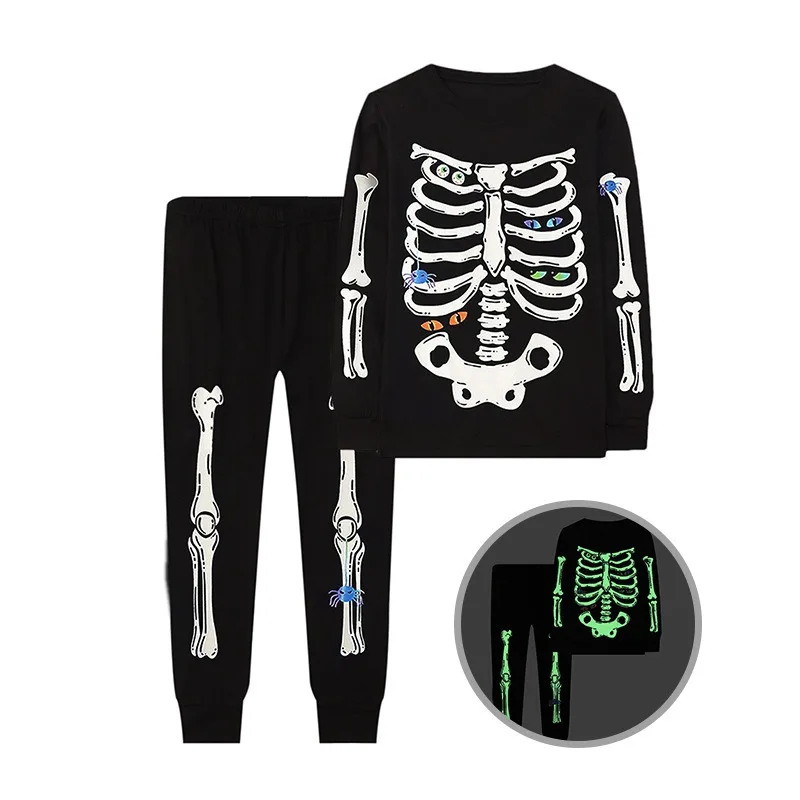 Autumn Winter Halloween Cosplay Costume Skeleton Long Sleeve Tops Long Pants Home Wear Print Pajama Two-Piece Set for Unisex
