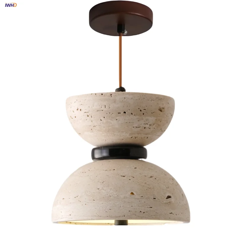 

IWHD Wabi Sabi LED Pendant Lights Reading Living Room Bar 2 Lighting Scorce Yellow Travertine Stone Hang Lamp Luminaire Suspendu