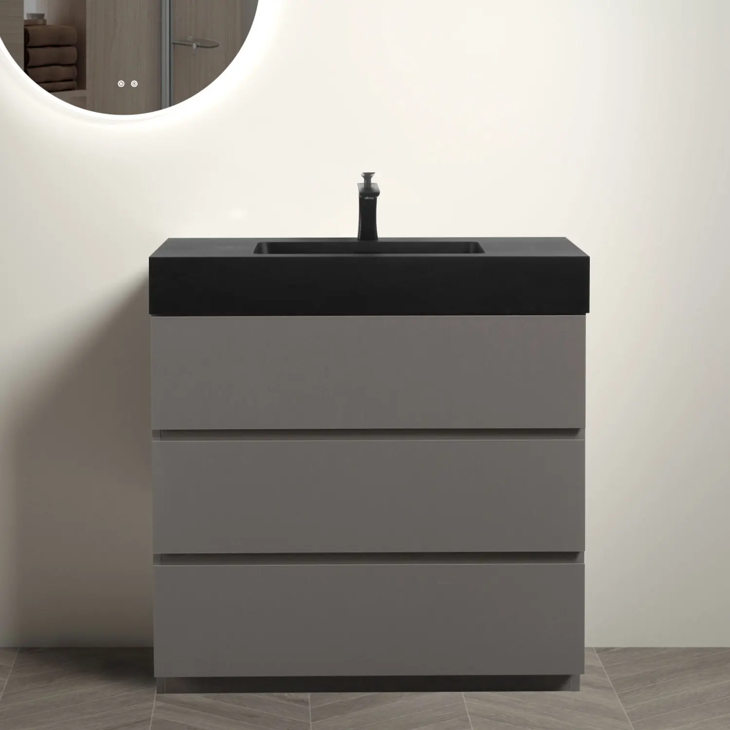 Alice 36 Gray Bathroom Vanity with Sink, Large Storage Freestanding Bathroom Vanity for Modern Bathroom, One-Piece Black Sink B