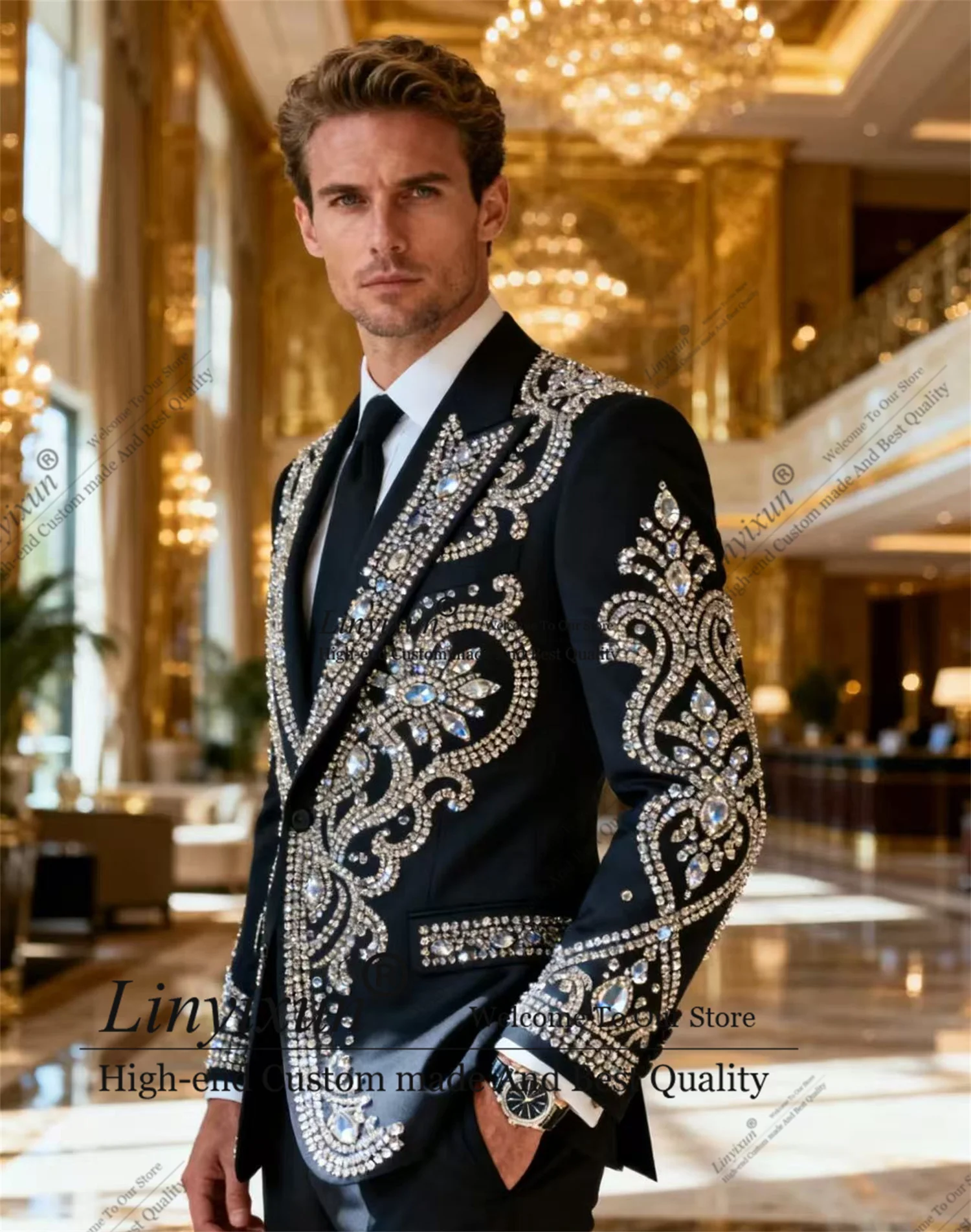 

Элегантные мужские костюмы с бриллиантовыми бусинами, комплекты из 2 предметов, пиджак для выпускного вечера, индивидуальный приталенный костюм Homme, смокинги для жениха с остроконечными лацканами