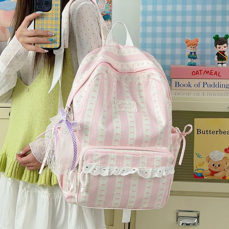 Gentle and fresh color scheme striped design backpack for girls and students, suitable for daily commuting, shopping, spring out