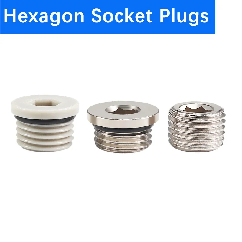 

10Pcs/lot M5 1/8 1/4 3/8 1/2 Brass Inner Hexagonal Plug with Sealing Ring, Iron End Cap for Pneumatic Plastic Plug