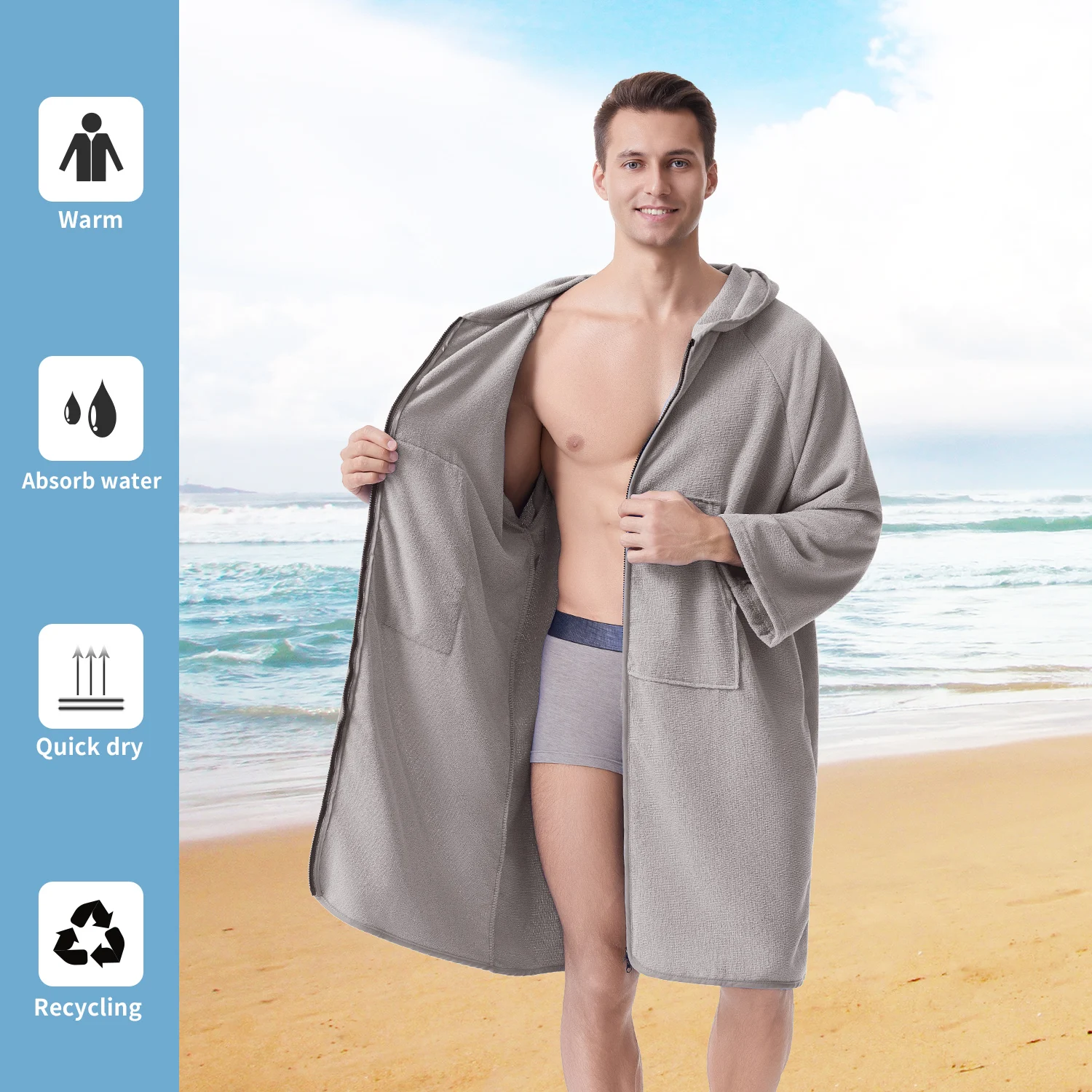 Mutao Schlingenbademäntel mit Reißverschluss, weiche lange Ärmel – super saugfähig, schnell trocknend, warm, perfekt geeignet für Strand, Schwimmen – Detail 3
