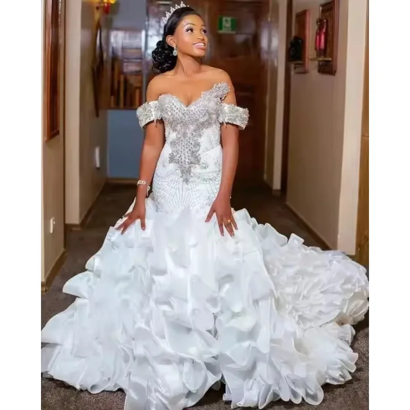Customized Arabic Aso Ebi Plus Size Mermaid Wedding Gowns Bride Off the Shoulder Appliques Crystals Ruffles Bridal Gown
